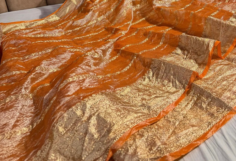 Banarasi Crush Tissue Silk Saree with rich pallu and blouse in Orange Color