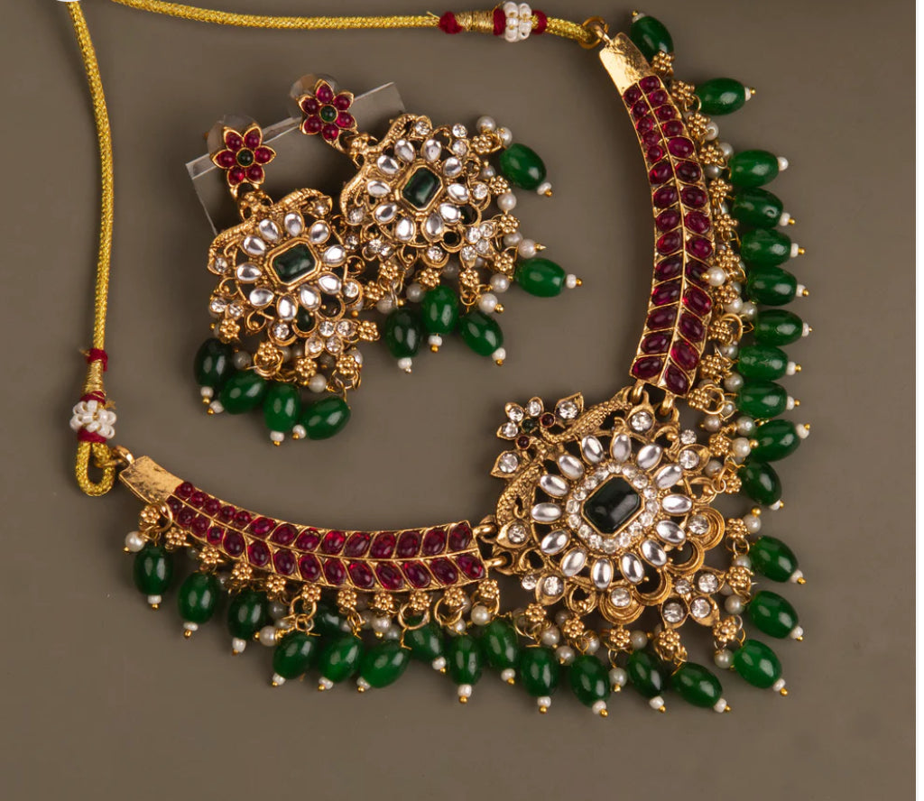 Kundan Necklace with Ruby and Emerald with green beads_101