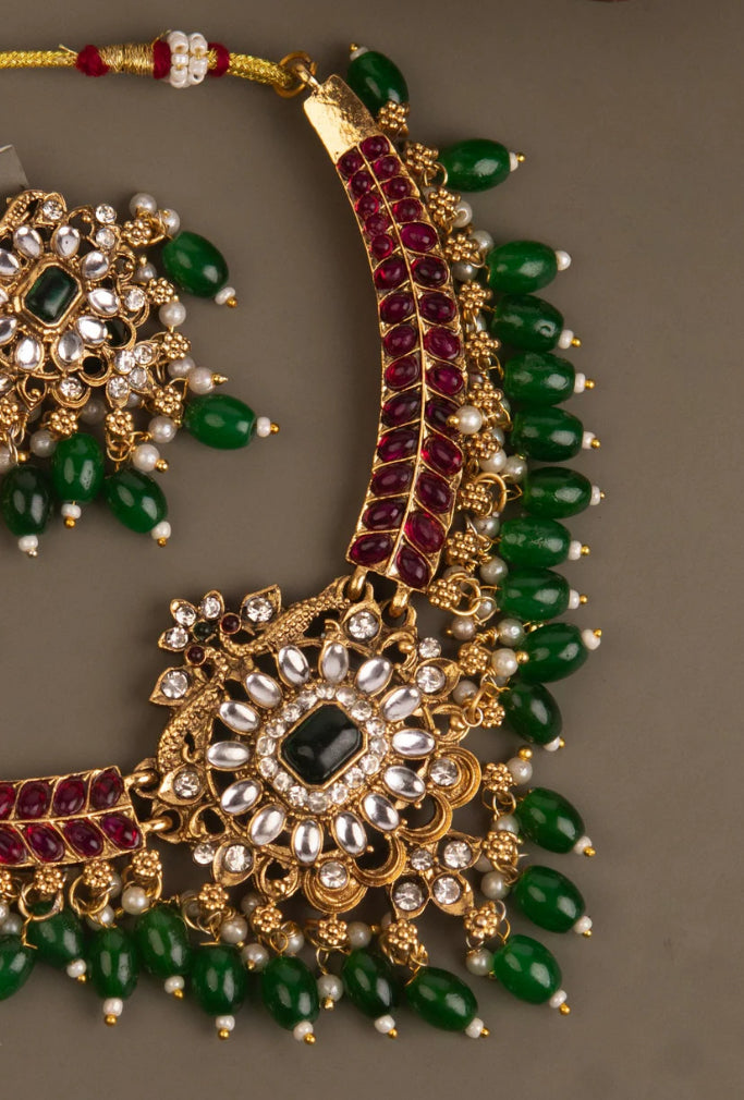 Kundan Necklace with Ruby and Emerald with green beads_101