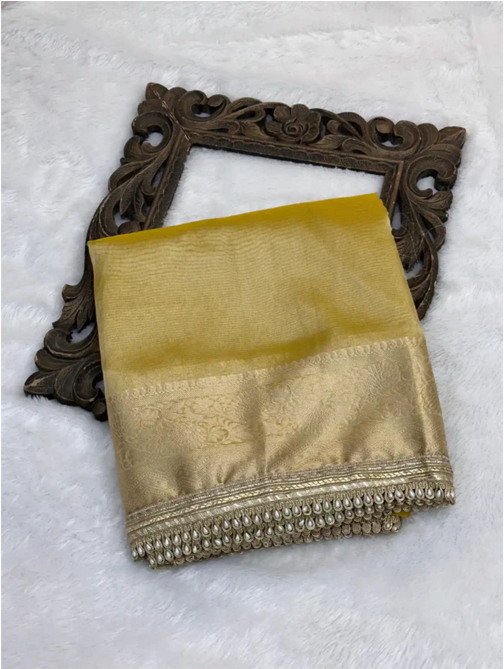 Banarasi Tissue Silk Designer Lace Work Banarasi Saree_Yellow