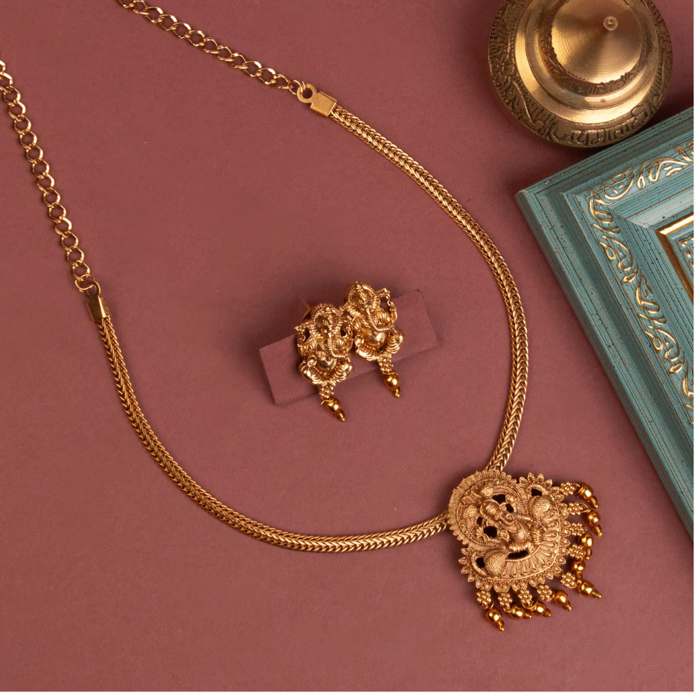 Ganesh Pendant Necklace_Unique Matte Gold Finish